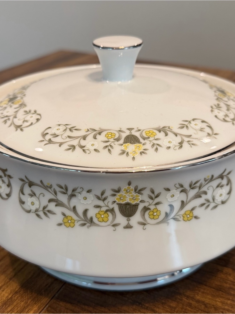 Porcelain Covered Casserole Serving Dish w/ Yellow Floral Motif & Silver Trim